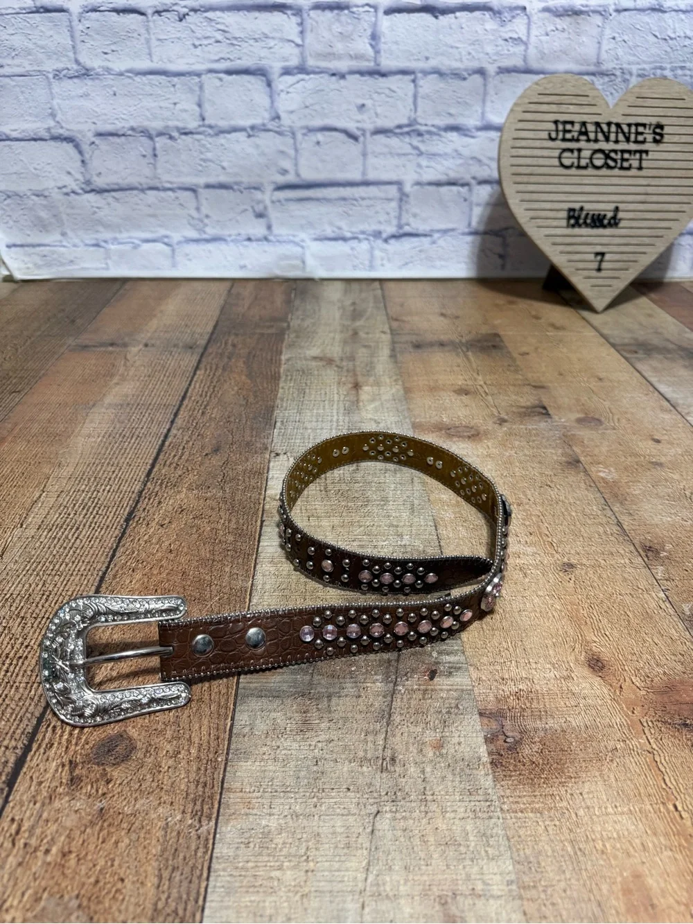 Nocona Girls Pink Heart Concho Belt Brown Rhinestone - N4425202 Size 24 Pre owne